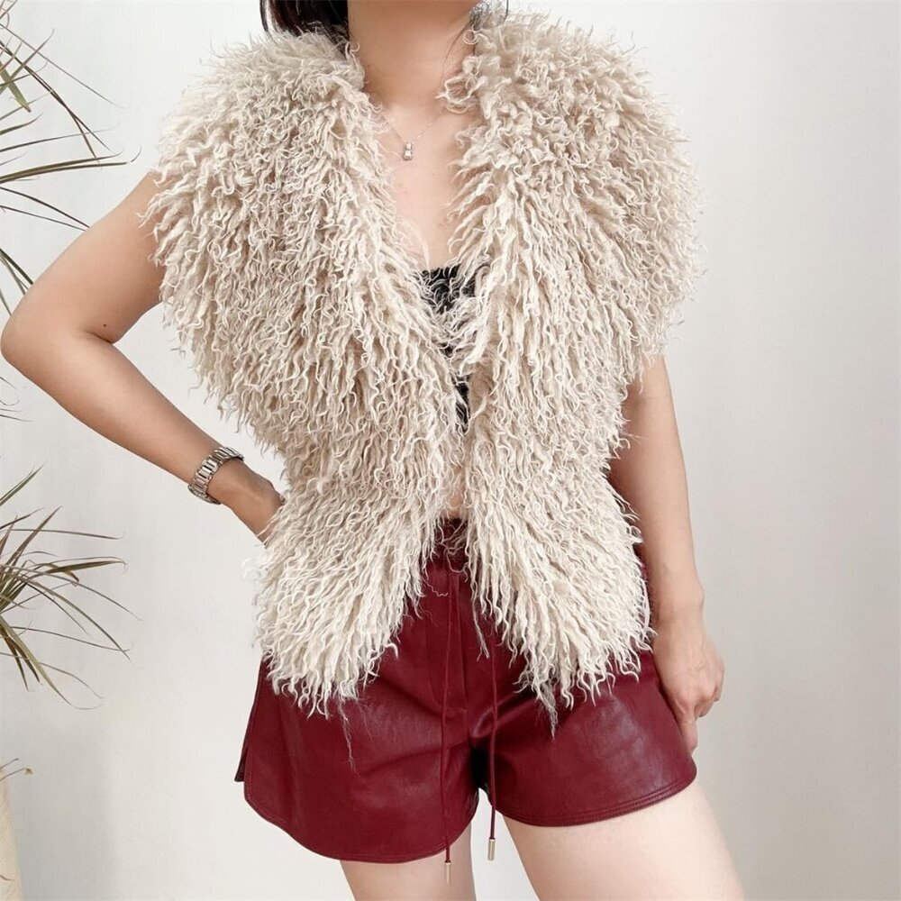 Women's Faux Fur Vest Tank Top Sleeveless Back Tie Halter Shaggy Waistcoat - Picture 6 of 6